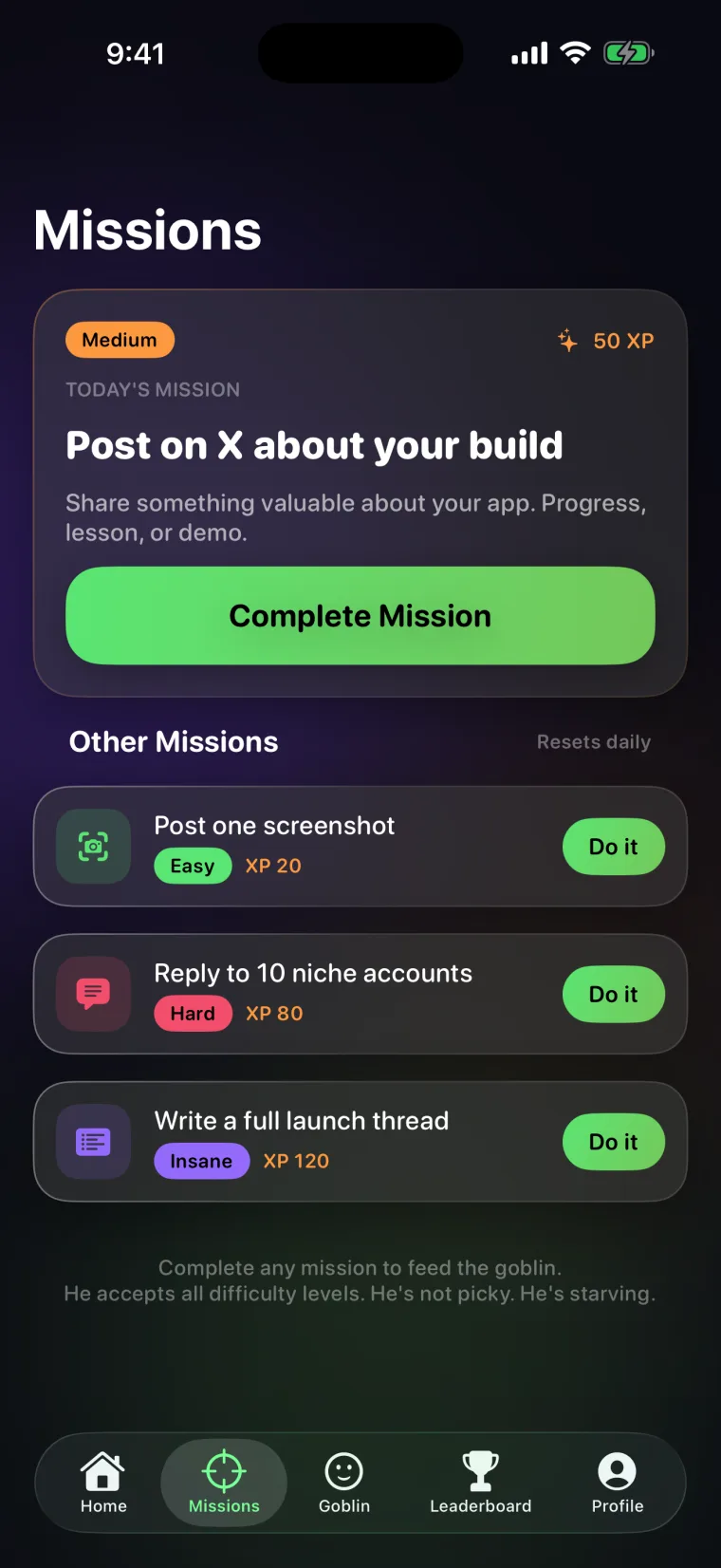 The Missions screen: today's mission is Post on X about your build for 50 XP, with other missions from easy to insane difficulty