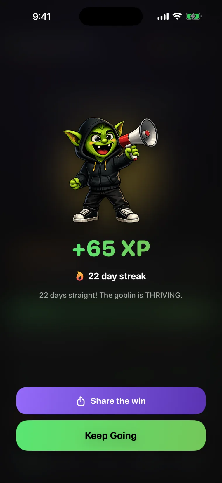The celebration screen: the goblin with a megaphone, plus 65 XP and a 22 day streak