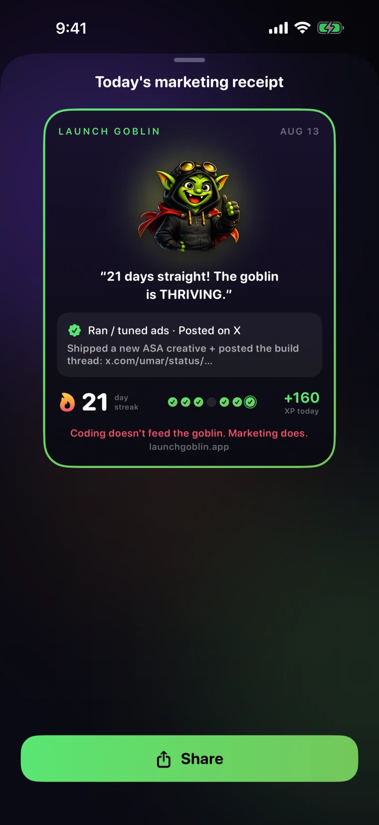 Today's marketing receipt: a share card showing a 21 day streak, the completed activities and the receipt text for the day