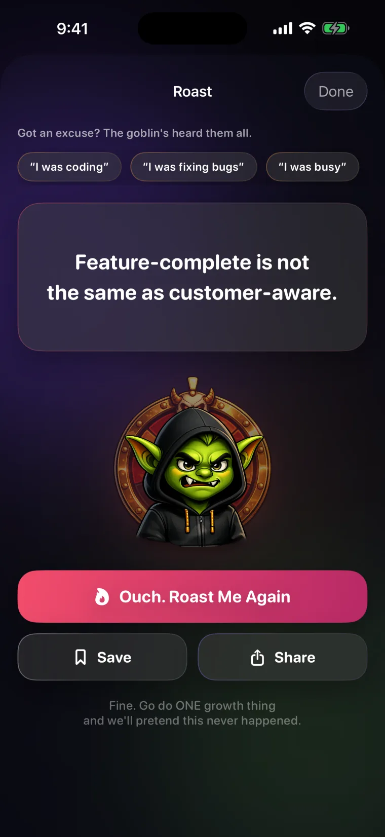 The Roast room: an angry goblin in front of the Wheel of Shame with the roast 'Feature-complete is not the same as customer-aware'
